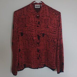 CHICO'S DESIGN WOMEN'S TOP RED BLACK SHEER BUTTTON UP SILK RAYON SIZE 0 (SMALL)